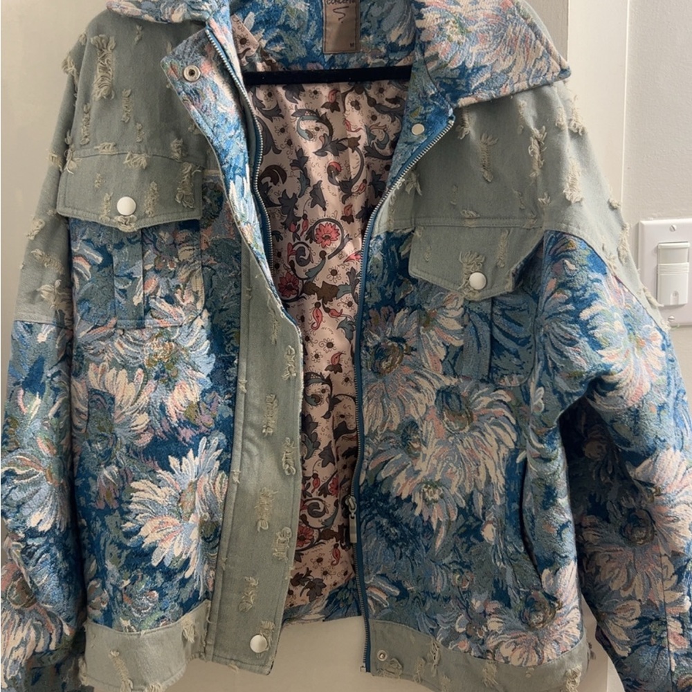 Floral Patchwork Jean Jacket in Blue and Green - Picture 2 of 3